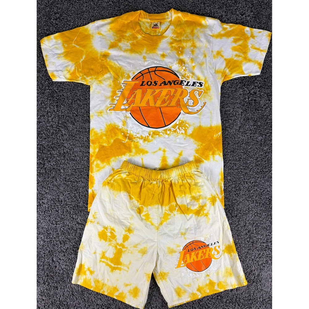 RARE Vintage 90s Los Angeles Lakers Tie Dye Shirt Shorts Set Mens L Made in USA
